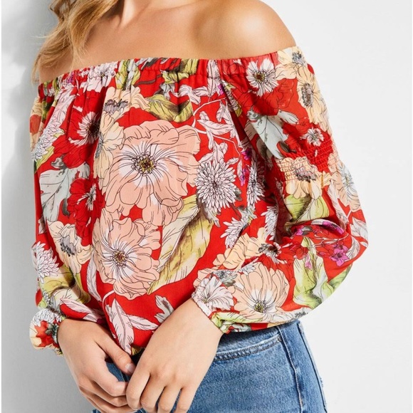 Guess Tops - Guess Los Angeles Floral Off The Shoulder Blouse